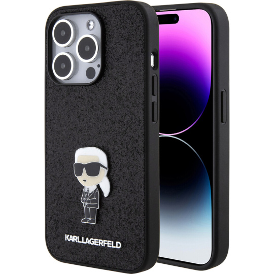 Karl Lagerfeld Fixed Glitter Metal Ikonik kryt iPhone 15 Pro černý