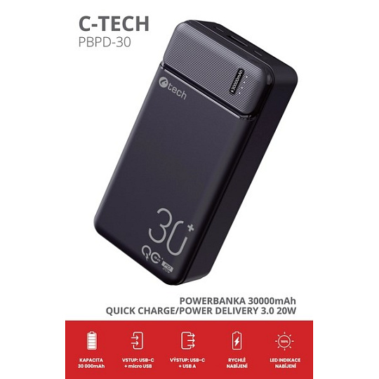 BAZAR - C-TECH Powerbanka 30000mAh, Li-Pol, 20W, USB-C/USB-A/micro USB, poškozený obal BAZAR - C-TECH Powerbanka 30000mAh, Li-Pol, 20W, USB-C/USB-A/micro USB, poškozený obal