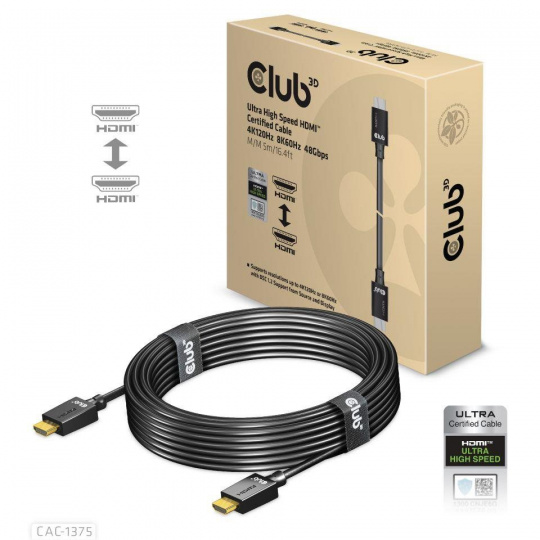 Club3D HDMI kabel, 4K120Hz 8K60Hz 48Gbps M/M 5m/16.4ft