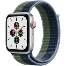 Apple Watch SE Cellular 44mm stříbrné s hlubokomořský modrým/mechově zeleným provlékacím řemínkem