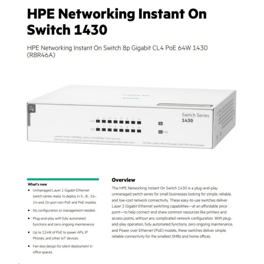 Aruba Instant On 1430 8G Class4 PoE 64W Switch