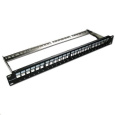 XtendLan Patch panel 19", 24 portů, neosazený, stíněný, černý, Cat5e/6/6A/7, odnimatelný  vyvazovák