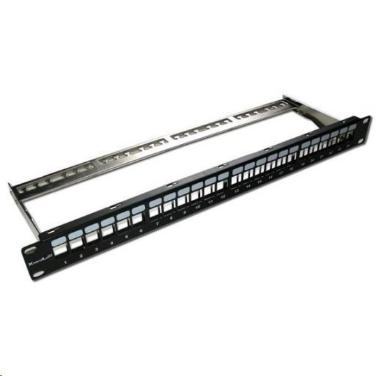 XtendLan Patch panel 19", 24 portů, neosazený, stíněný, černý, Cat5e/6/6A/7, odnimatelný  vyvazovák