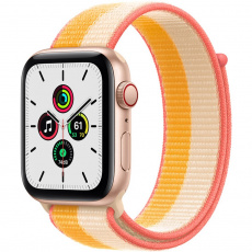Apple Watch SE Cellular 44mm zlaté s oranžovožlutým/bílým provlékacím sportovním řemínkem
