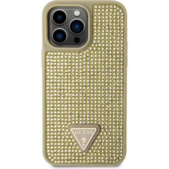 Guess Rhinestones Triangle Metal Logo kryt pro iPhone 14 Pro Max zlatý