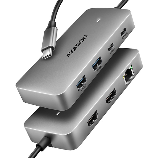 AXAGON HMC-CUB83X2, USB 10Gbps hub, 2x USB-A, USB-C, HDMI & DP 4k/144Hz, RJ-45 GLAN, PD 100W, kabel USB-C 15cm