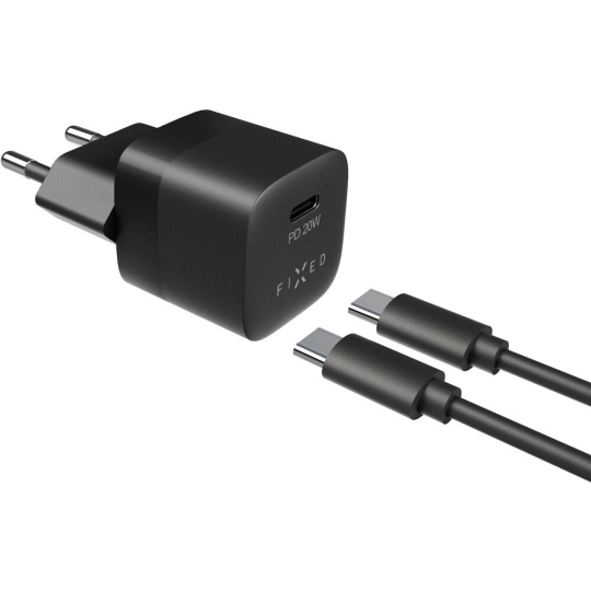 FIXED Mini nabíječka s USB-C výstupem a kabelem USB-C 1 metr PD 20W černý