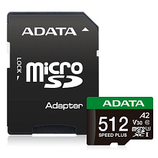 ADATA MicroSDXC karta 512GB Speed Plus, U3, C10, A2, V30 (R:180/W:160 MB/s) + SD adaptér ADATA MicroSDXC karta 512GB Speed Plus, U3, C10, A2, V30 (R:180/W:160 MB/s) + SD adaptér