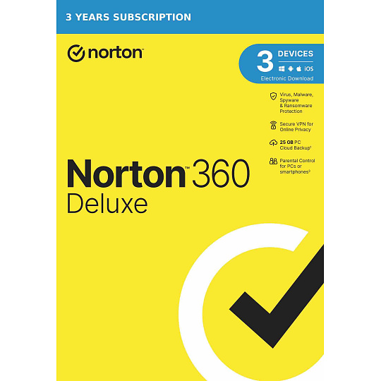 NORTON 360 DELUXE 25GB +VPN 1 uživatel pro 3 zařízení na 3 roky ESD