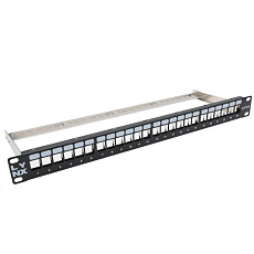 LYNX Patch panel, 19'', 24 portů, 1U, Cat5e/6/6A/7, neosazený, stíněný, vyvazovák, černý LYNX Patch panel, 19'', 24 portů, 1U, Cat5e/6/6A/7, neosazený, stíněný, vyvazovák, černý