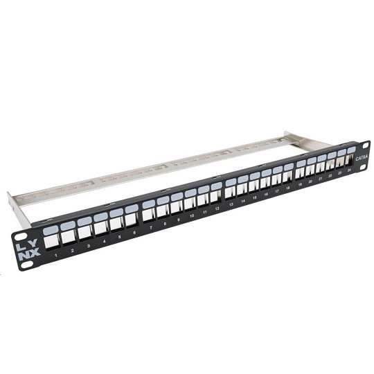 LYNX Patch panel, 19'', 24 portů, 1U, Cat5e/6/6A/7, neosazený, stíněný, vyvazovák, černý LYNX Patch panel, 19'', 24 portů, 1U, Cat5e/6/6A/7, neosazený, stíněný, vyvazovák, černý