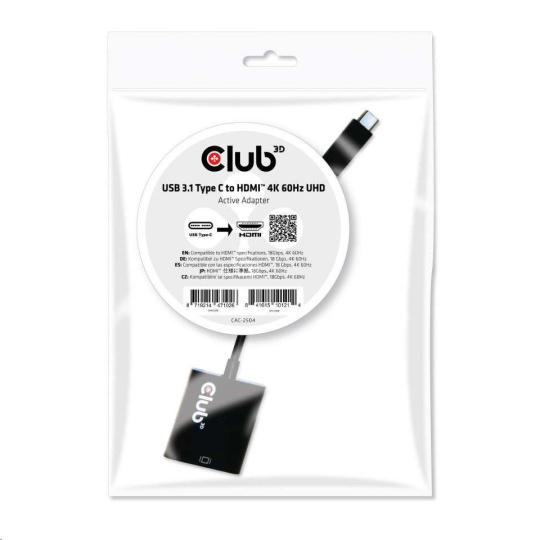 Club3D Adaptér aktivní USB 3.1 typ C na HDMI 2.0 UHD 4K60Hz HDR, 17cm Club3D Adaptér aktivní USB 3.1 typ C na HDMI 2.0 UHD 4K60Hz HDR, 17cm