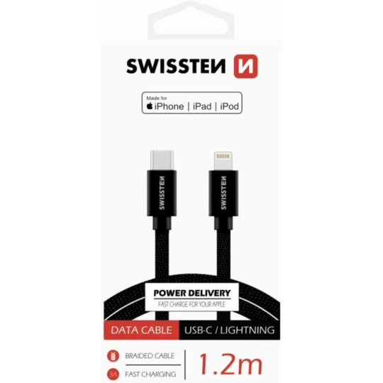Swissten Textile kabel USB-C / Lightning MFi 1,2 M černý