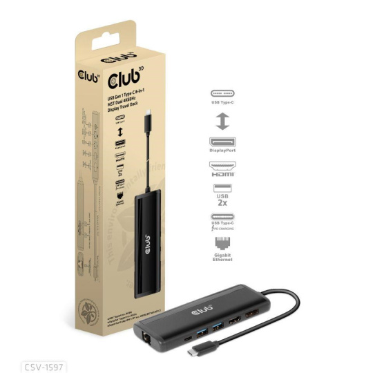 Club3D Dokovací stanice USB-C, 8-in-1 MST Dual (1x HDMI/1x DP) 4K60Hz, Display Travel Dock