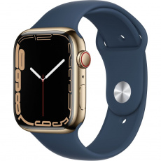 Apple Watch Series 7 Cellular 45mm zlatá ocel s hlubokomořsky modrým sportovním řemínkem