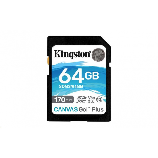 Kingston 64GB SecureDigital Canvas Go! Plus (SDXC) Card, 170R 70W Class 10 UHS-I U3 V30