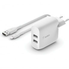 Belkin BOOST CHARGE duální USB-A síťová nabíječka 2x12W, Lightning kabel, bílá