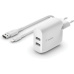 Belkin BOOST CHARGE duální USB-A síťová nabíječka 2x12W, Lightning kabel, bílá