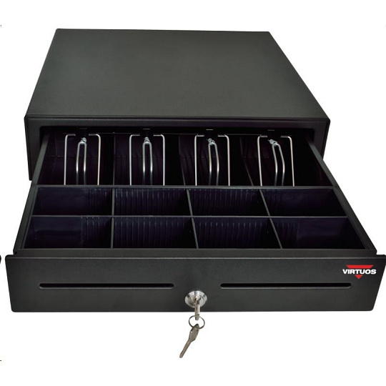 Virtuos pokladní zásuvka S-410C - s kabelem, pořadač 4/8, 9-24V, černá Virtuos pokladní zásuvka S-410C - s kabelem, pořadač 4/8, 9-24V, černá