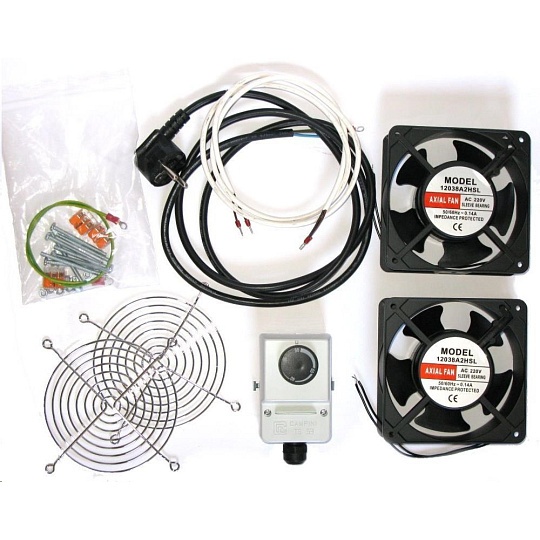 19" ventilace pro nástěnné rozvaděče XtendLan, termostat, 2 ventilátory 120mm, napájecí kabel, spojovací materiál