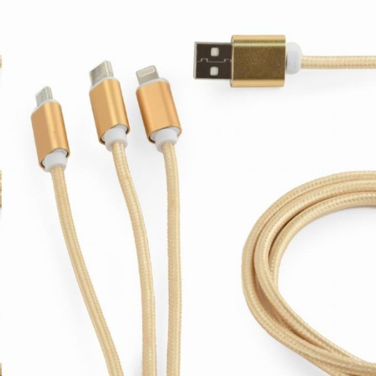 GEMBIRD Kabel CABLEXPERT USB A Male/Micro B + Type-C + Lightning, 1m, opletený, zlatý, blister