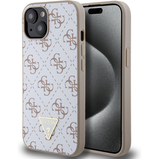 Guess PU Leather 4G Triangle Metal Logo kryt iPhone 15 bílý