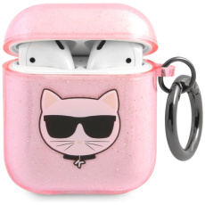 Karl Lagerfeld TPU Glitter Choupette Head pouzdro pro Airpods 1/2 růžové