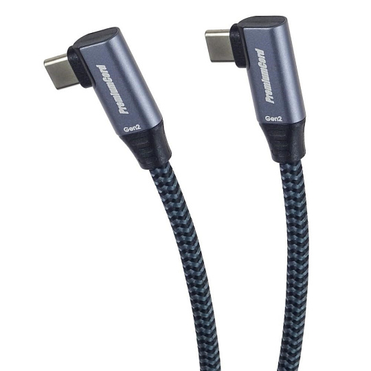 PremiumCord USB-C 2x zahnutý kabel ( USB 3.2 GEN 2x2, 5A, 100W, 20Gbit/s ) bavlněný oplet, délka: 1m