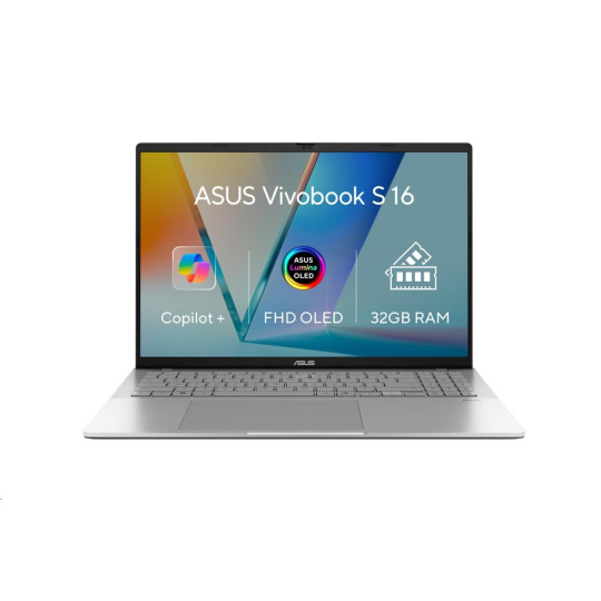 ASUS NTB Vivobook S16 (S3607QA-OLED064W), X X1 26 100, 16" 1920x1200, 32GB, 1TB SSD, Adreno, W11 Home, Cool Silver ASUS NTB Vivobook S16 (S3607QA-OLED064W), X X1 26 100, 16" 1920x1200, 32GB, 1TB SSD, Adreno, W11 Home, Cool Silver