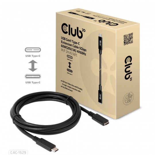 Club3D Prodlužovací kabel USB-C, 4K 60Hz (M/F), 2m