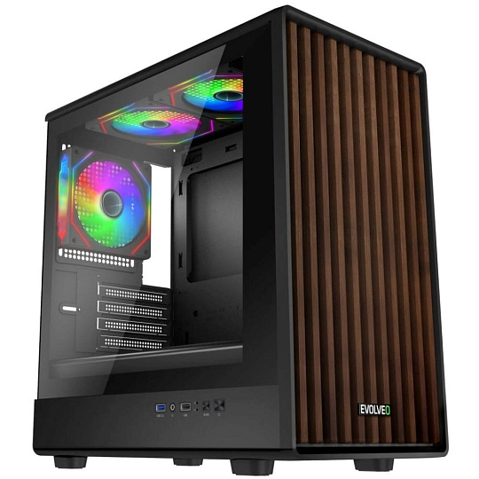 EVOLVEO Panthera, skříň mATX, 3x ARGB ventilátor 120mm, dřevěný přední panel + skleněná bočnice EVOLVEO Panthera, skříň mATX, 3x ARGB ventilátor 120mm, dřevěný přední panel + skleněná bočnice