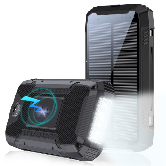 WG - Power Bank 20000 mAh, solarní panel + bezdrátové nabíjení 15W + svítilna + kompas, USB-C PD 20W, černá WG - Power Bank 20000 mAh, solarní panel + bezdrátové nabíjení 15W + svítilna + kompas, USB-C PD 20W, černá
