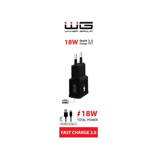WG - Síťová nabíječka 1x USB-A, Quick Charge 3.0, 5V-9V-12V, + kabel USB-A na Type-C, černá