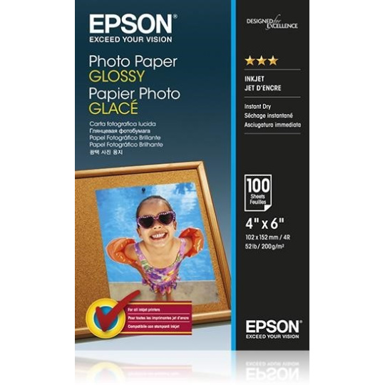 Photo Paper Glossy rozšiřuje naši stávající nabídku fotografických papírů Epson a je vhodný pro všechny typy inkoustových tiskáren. Tento papír byl navržen pro celou rodinu a nabízí skvělou užitnou hodnotu a snadné používání. Photo Paper Glossy má hmotnost 200 g/m2 a dodává se ve čtyřech různých velikostech. Každé balení obsahuje 20, 50 nebo 100 listů.  Tento tříhvězdičkový fotografický papír je ideální pro každodenní domácí tisk a je k dispozici ve formátech 10 × 15 cm, 13 × 18 cm, A3/A3+ a A4. Photo Paper Glossy rozšiřuje naši stávající nabídku fotografických papírů Epson a je vhodný pro všechny typy inkoustových tiskáren. Tento papír byl navržen pro celou rodinu a nabízí skvělou užitnou hodnotu a snadné používání. Photo Paper Glossy má hmotnost 200 g/m2 a dodává se ve čtyřech různých velikostech. Každé balení obsahuje 20, 50 nebo 100 listů.  Tento tříhvězdičkový fotografický papír je ideální pro každodenní domácí tisk a je k dispozici ve formátech 10 × 15 cm, 13 × 18 cm, A3/A3+ a A4.