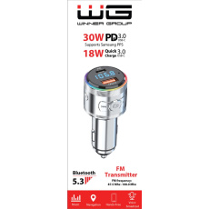 WG - Nabíječka do auta, Transmitter FM, USB-A QC 3.0 18W + USB-C PD 30W, stříbrná