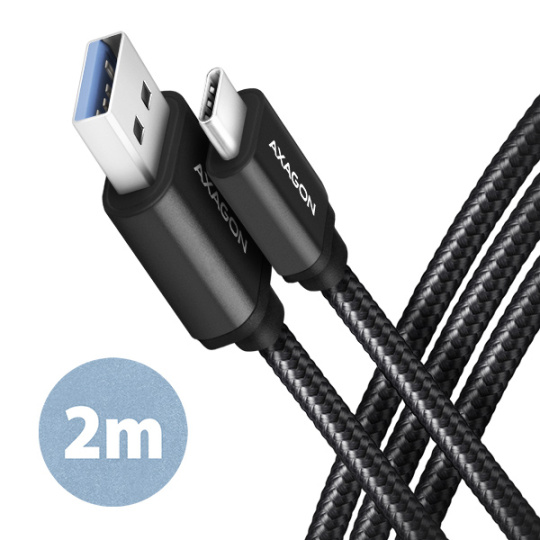 AXAGON BUCM3-AM20AB, SPEED kabel USB-C <-> USB-A, 2m, USB 3.2 Gen 1, 3A, ALU, oplet, černý