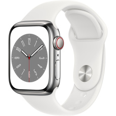 Apple Watch Series 8 Cellular 41mm stříbrná ocel s bílým sportovním řemínkem Apple Watch Series 8 Cellular 41mm stříbrná ocel s bílým sportovním řemínkem