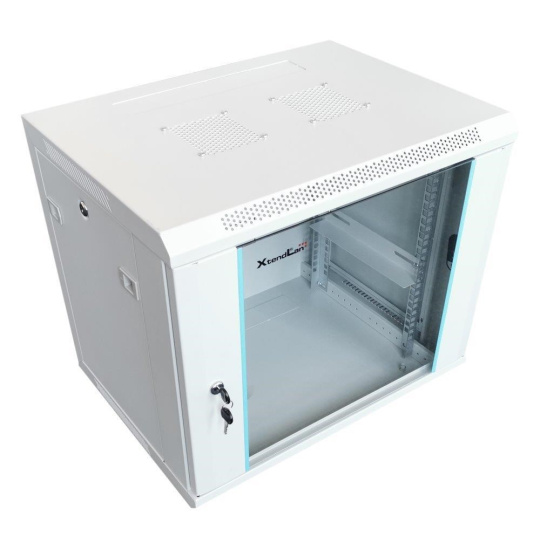 XtendLan 19" nástěnný rozvaděč 12U, šířka 600mm, hloubka 450mm, nosnost 60 kg, skleněné dveře, svařovaný, šedý